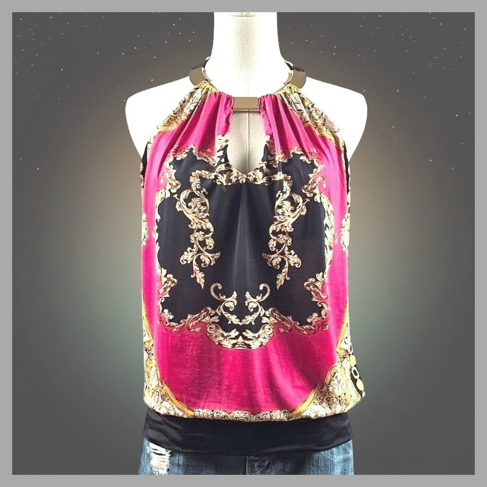 Vintage Y2K Cache Baroque Halter Top XS Scarf Print Gold Hardware Glam McBling